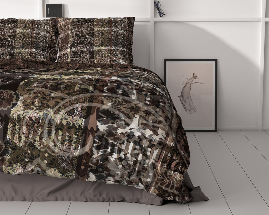 Dekbedovertrek katoensatijn Milena bruin met paisleyprint 240 x 220 cm, met 2 kussenslopen 60 x 70 cm