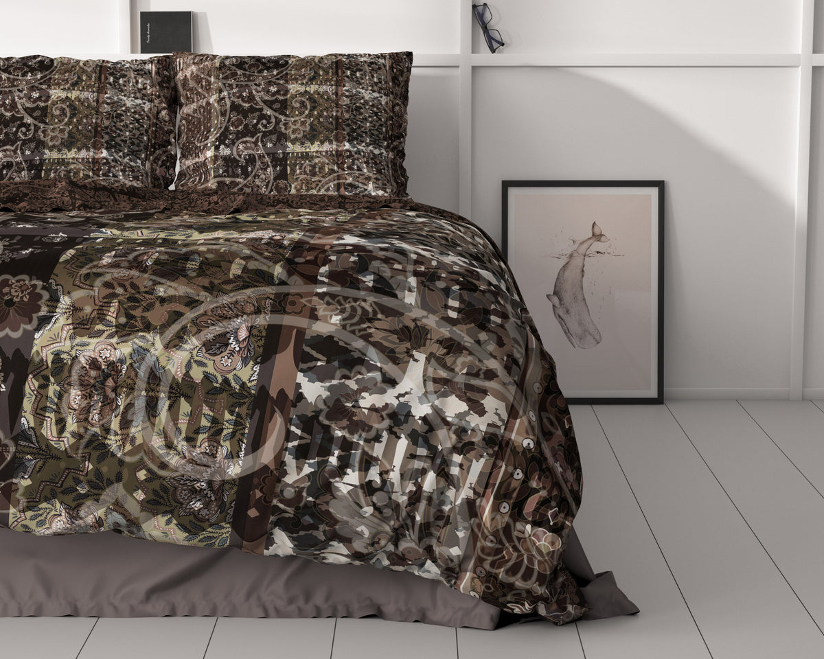 Dekbedovertrek katoensatijn Milena bruin met paisleyprint 240 x 220 cm, met 2 kussenslopen 60 x 70 cm