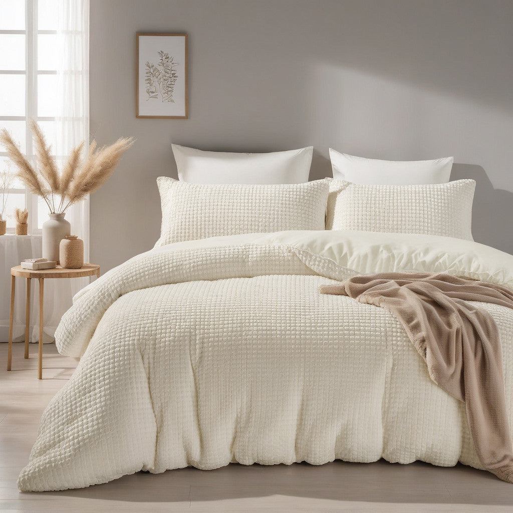 Dekbedovertrek teddy polyester beige geruit 140 x 200/220 cm, met 1 kussensloop