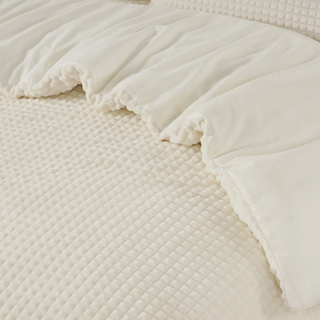 Dekbedovertrek teddy polyester beige geruit 140 x 200/220 cm, met 1 kussensloop