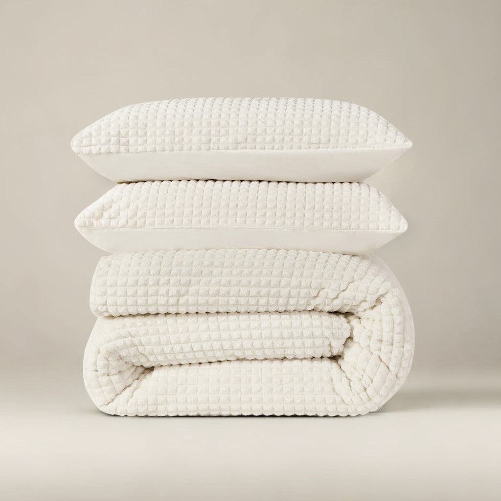 Dekbedovertrek teddy polyester beige geruit 140 x 200/220 cm, met 1 kussensloop