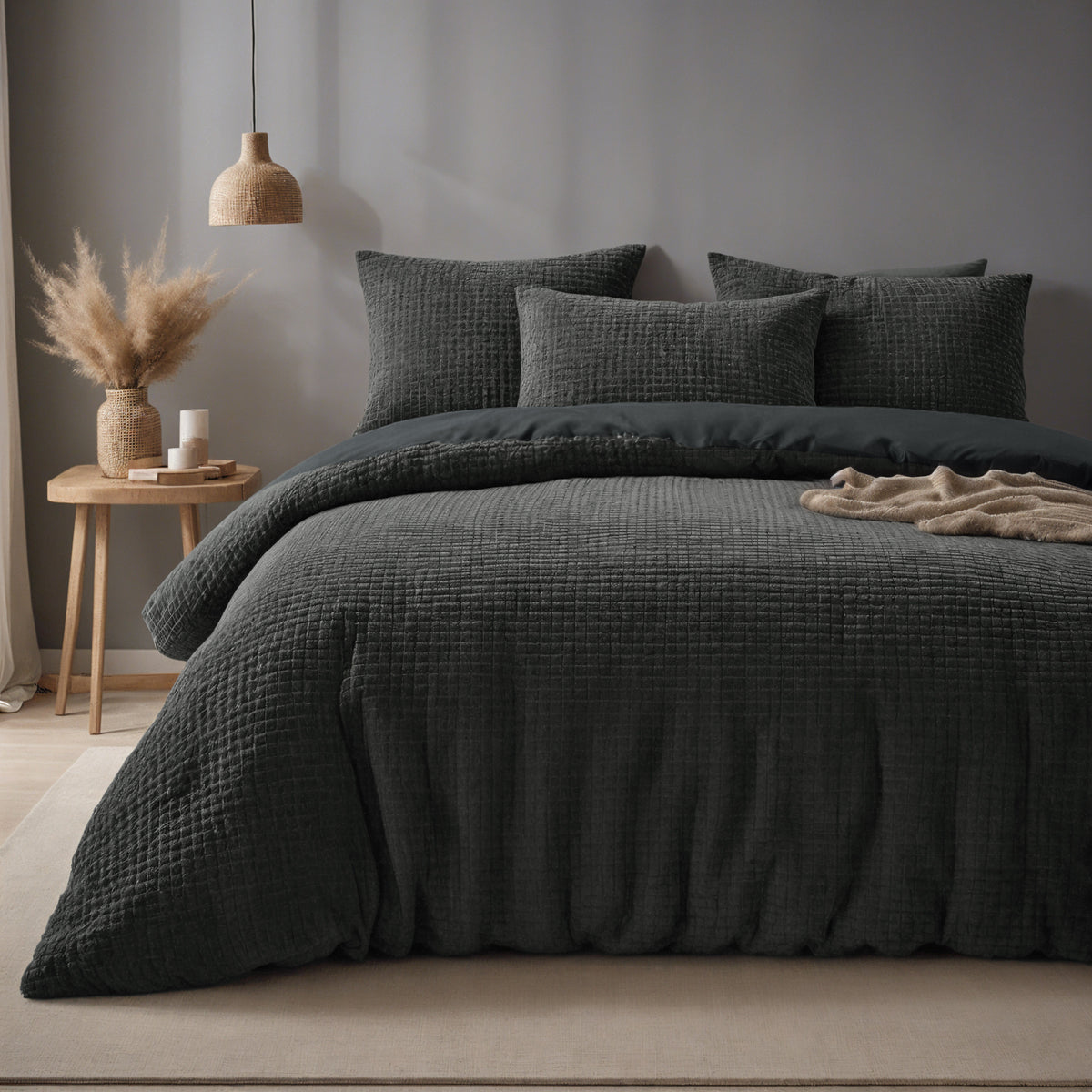 Dekbedovertrek teddy polyester antraciet 140 x 220 cm, met 1 kussensloop, schelpenstructuur
