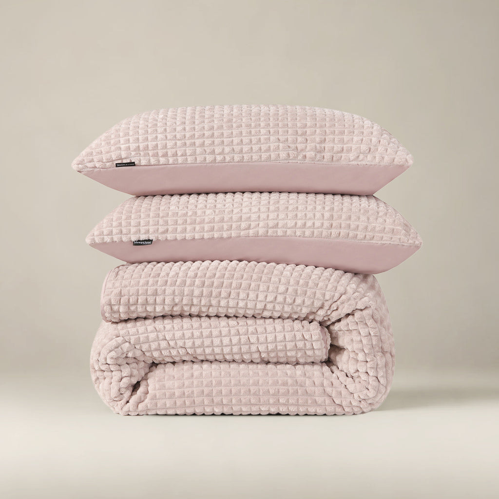Dekbedovertrek teddy polyester roze 240 x 220 cm, met 2 kussenslopen, geruite structuur