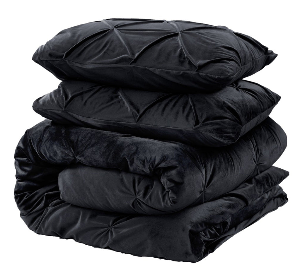 Dekbedovertrek fluweel pintuck zwart 200 x 220 cm, met 2 kussenslopen 60 x 70 cm voor de slaapkamer