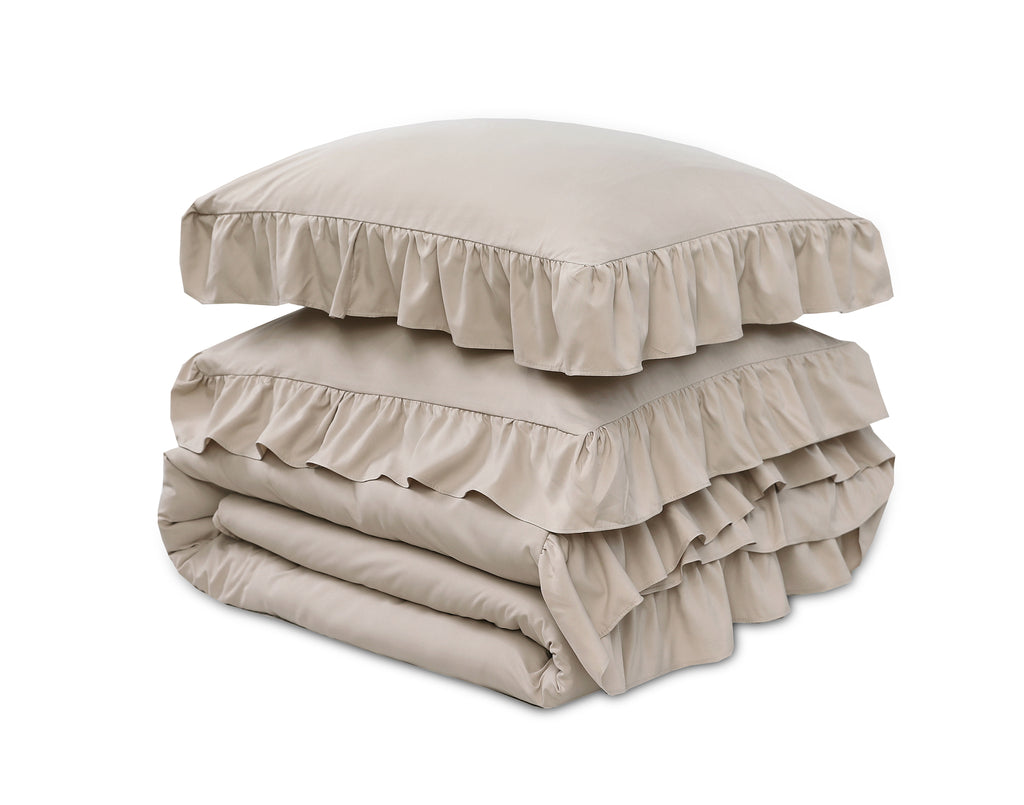 Dekbedovertrek microvezel taupe met ruches 140 x 220 cm, met 2 kussenslopen 60 x 70 cm