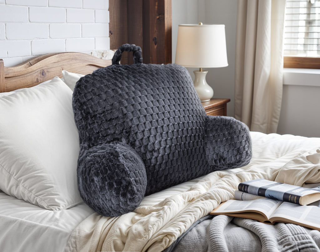 Leeskussen polyester jacquardflanel antraciet 34 x 50 cm, met armsteunen en draaghandvat
