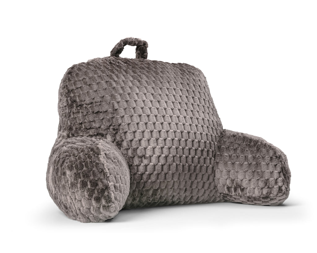 Taupe bedsteunkussen met reliëfstructuur, twee armsteunen en een draaghandvat bovenop