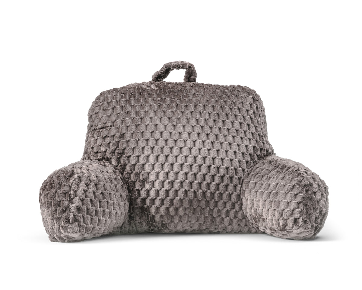 Bedsteunkussen jacquard flanel taupe met armleuningen en draaghandvat, rug 34 x 50 cm