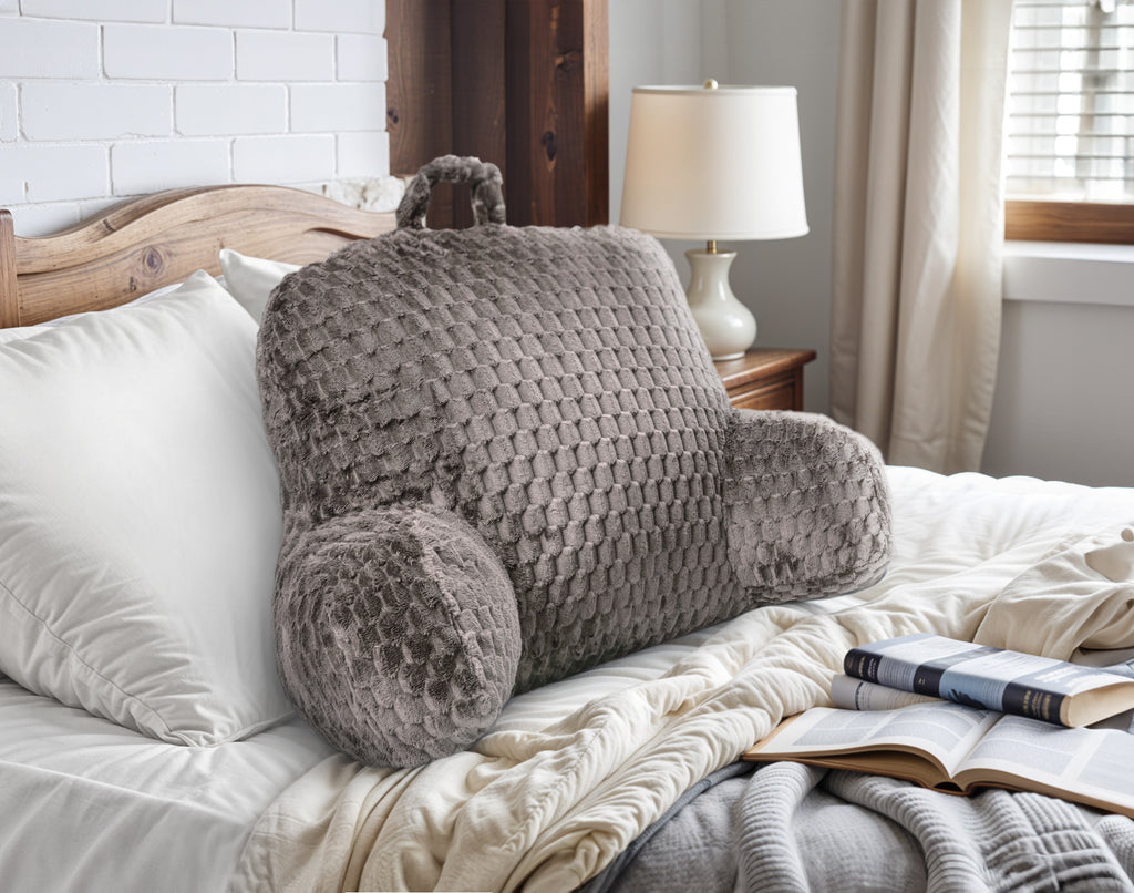 Bedsteunkussen jacquard flanel taupe met armleuningen en draaghandvat, rug 34 x 50 cm