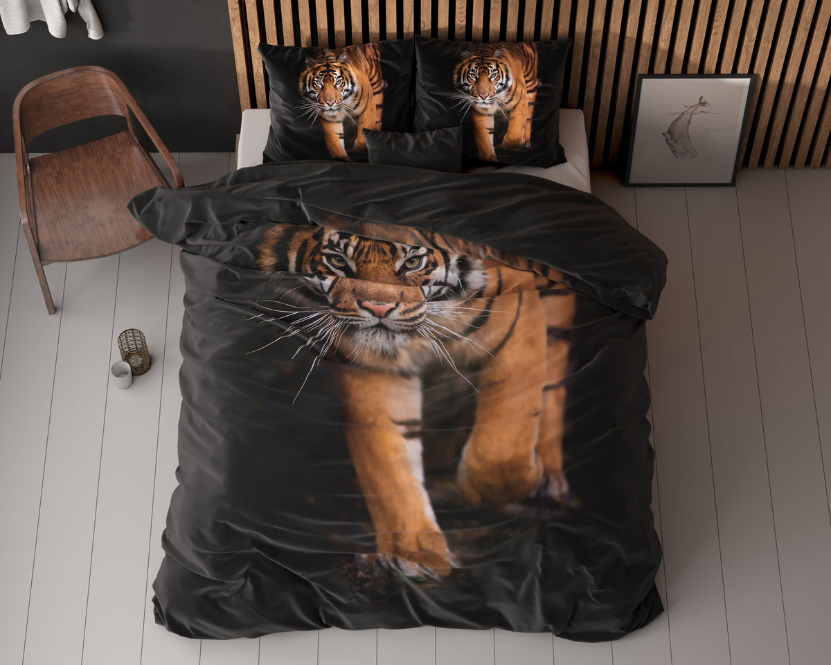 Dekbedovertrek microvezel tijger zwart 240 x 220 cm, met 2 kussenslopen 60 x 70 cm