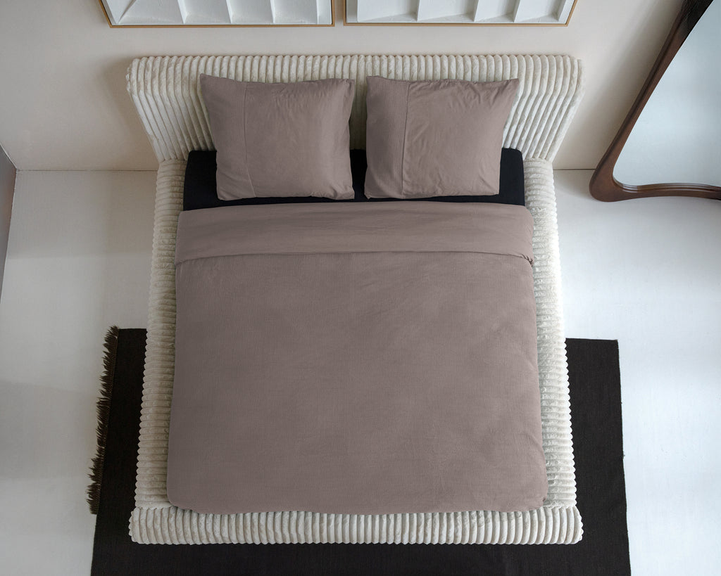 Dekbedovertrek wafel katoen percale taupe 140 x 200/260 cm, met kussenslopen en drukknopen
