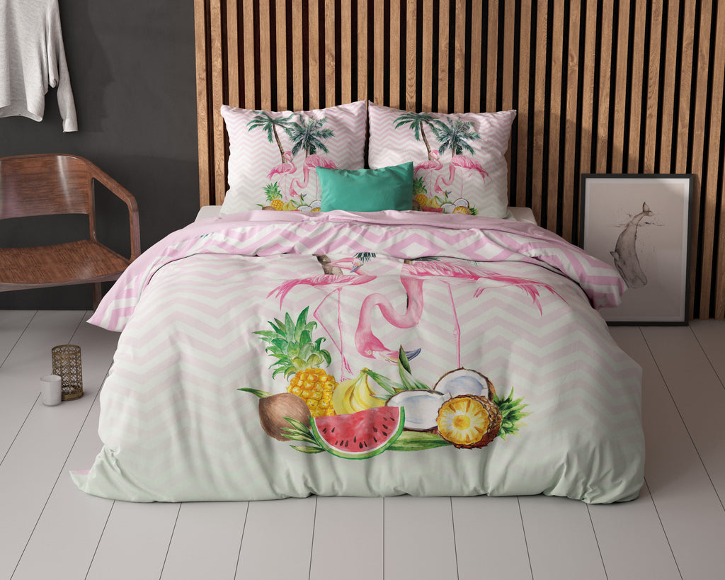 Dekbedovertrek microvezel flamingo roze en groen 240 x 220 cm, met 2 kussenslopen 60 x 70 cm