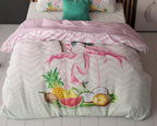 Dekbedovertrek microvezel flamingo roze en groen 240 x 220 cm, met 2 kussenslopen 60 x 70 cm