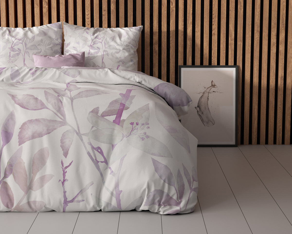 Dekbedovertrek microvezel bladeren wit en lila 200 x 200/220 cm, met 2 kussenslopen 60 x 70 cm