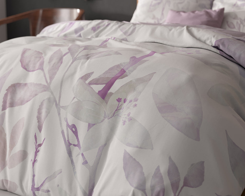 Dekbedovertrek microvezel bladeren wit en lila 200 x 200/220 cm, met 2 kussenslopen 60 x 70 cm
