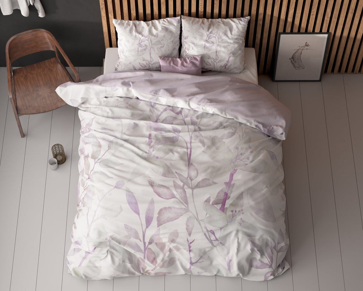 Dekbedovertrek microvezel bladeren wit en lila 200 x 200/220 cm, met 2 kussenslopen 60 x 70 cm