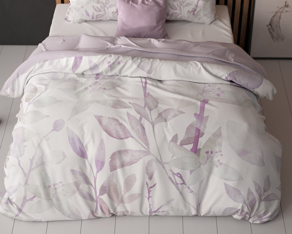 Dekbedovertrek microvezel Waterbladeren wit met lila 240 x 220 cm, met 2 kussenslopen 60 x 70 cm