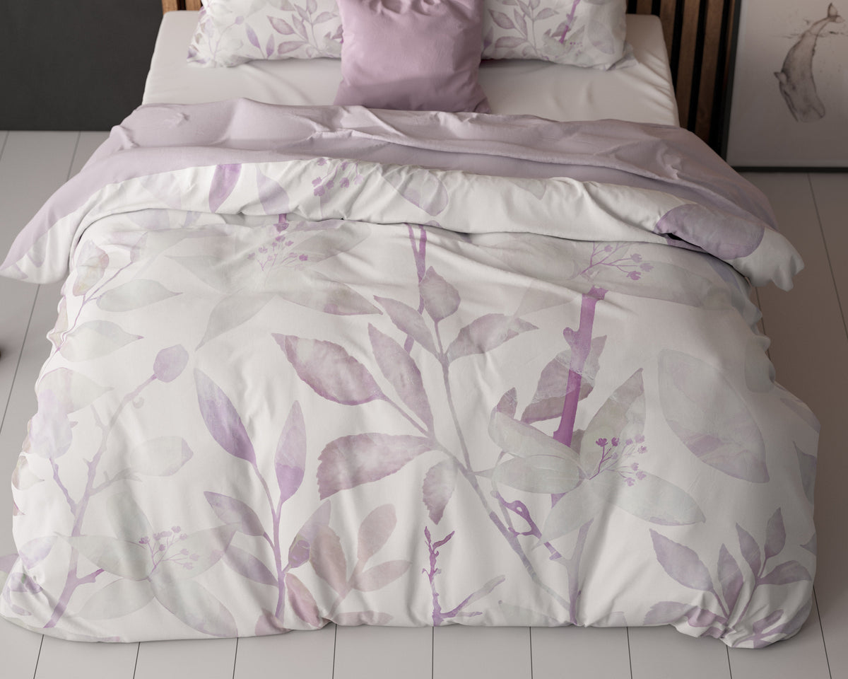 Dekbedovertrek microvezel Waterbladeren wit met lila 240 x 220 cm, met 2 kussenslopen 60 x 70 cm