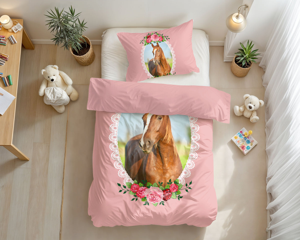 Dekbedovertrek microvezel roze met paard en rozen, 140 x 200/220 cm, met kussensloop 60 x 70 cm