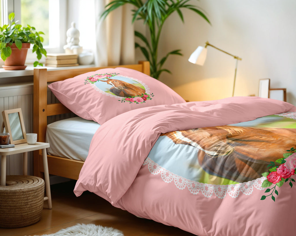 Dekbedovertrek microvezel roze met paard en rozen, 140 x 200/220 cm, met kussensloop 60 x 70 cm
