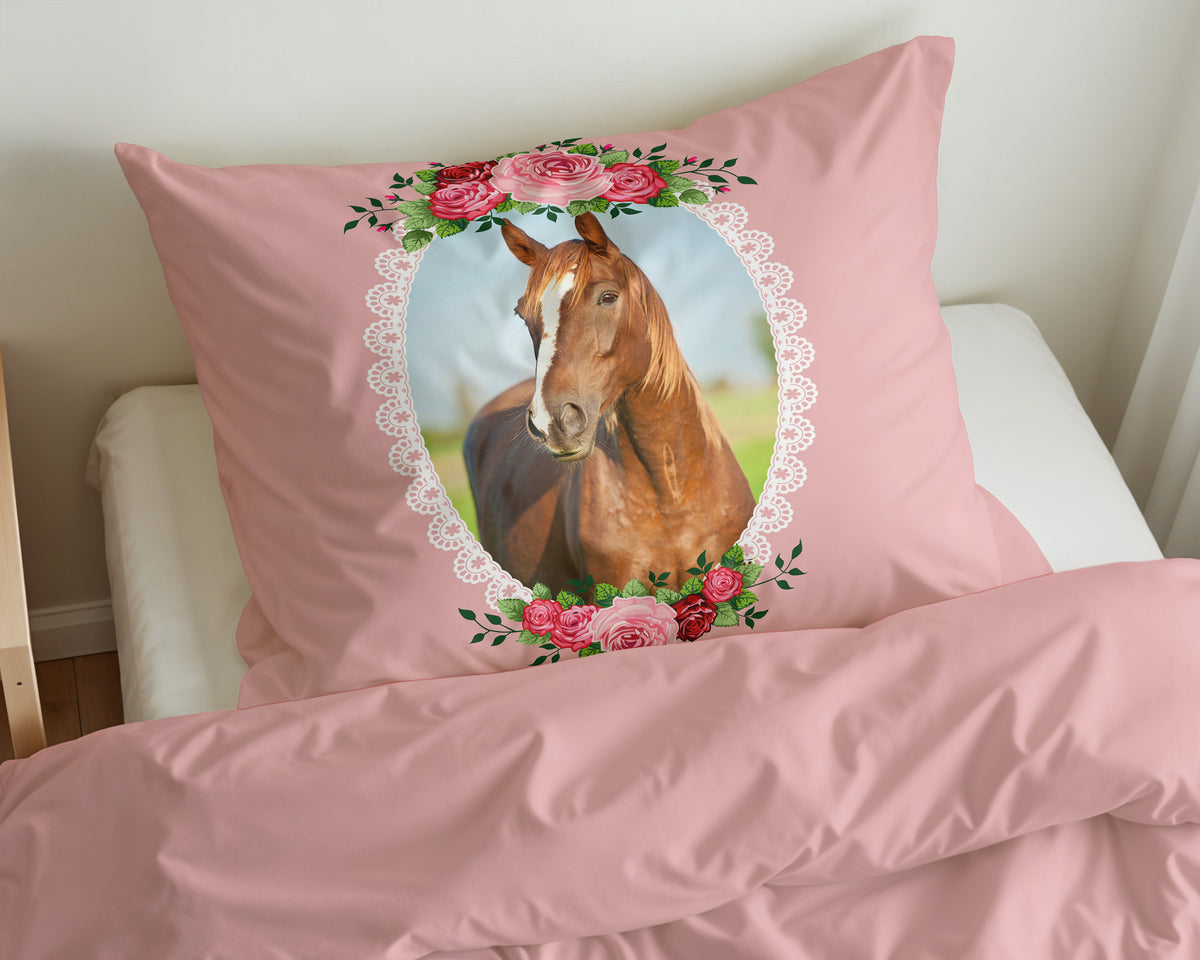 Dekbedovertrek microvezel roze met paard en rozen, 140 x 200/220 cm, met kussensloop 60 x 70 cm
