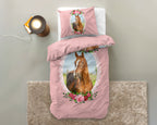 Dekbedovertrek microvezel roze met paard en rozen, 140 x 200/220 cm, met kussensloop 60 x 70 cm