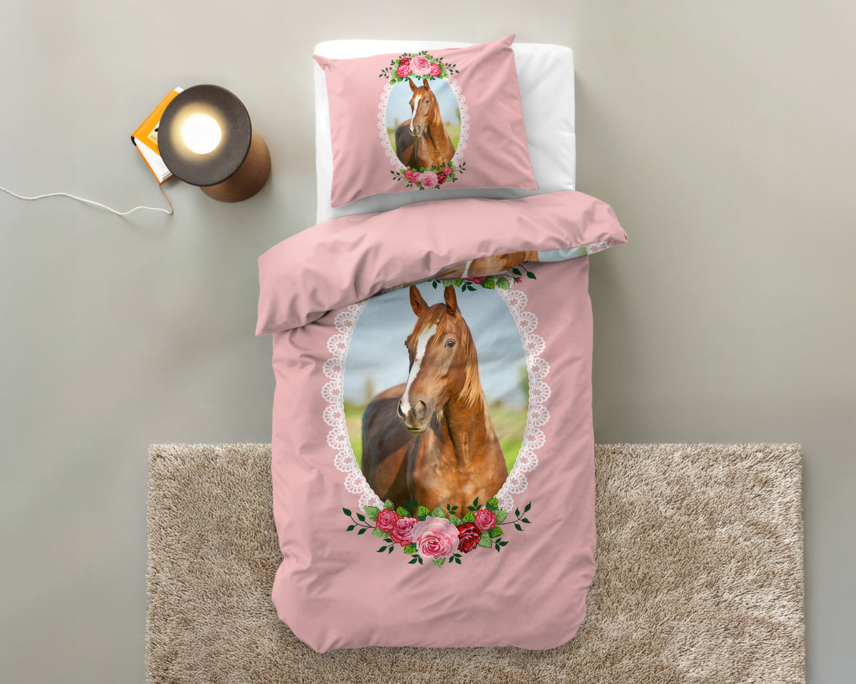 Dekbedovertrek microvezel roze met paard en rozen, 140 x 200/220 cm, met kussensloop 60 x 70 cm