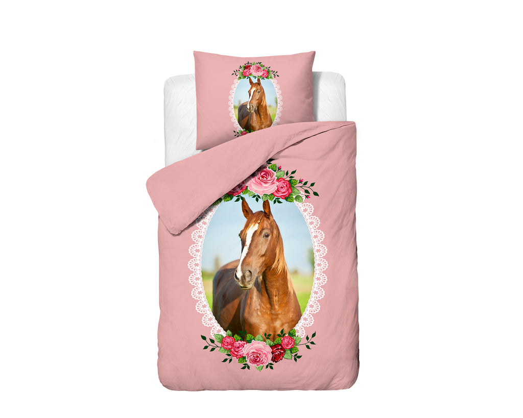 Dekbedovertrek microvezel roze met paard en rozen, 140 x 200/220 cm, met kussensloop 60 x 70 cm