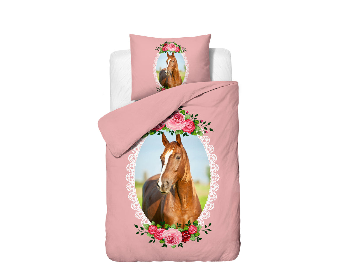 Dekbedovertrek microvezel roze met paard en rozen, 140 x 200/220 cm, met kussensloop 60 x 70 cm