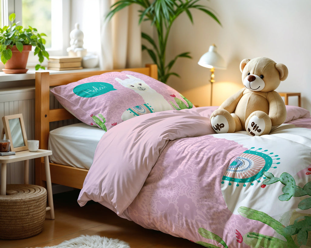 Dekbedovertrek microvezel roze met lama en cactussen 140 x 200/220 cm, met kussensloop 60 x 70 cm