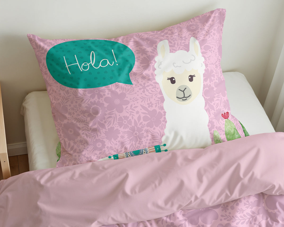 Dekbedovertrek microvezel roze met lama en cactussen 140 x 200/220 cm, met kussensloop 60 x 70 cm