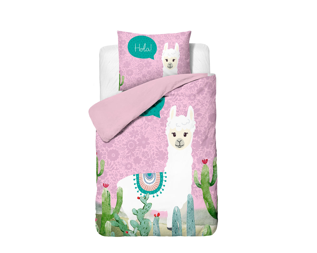 Dekbedovertrek microvezel roze met lama en cactussen 140 x 200/220 cm, met kussensloop 60 x 70 cm