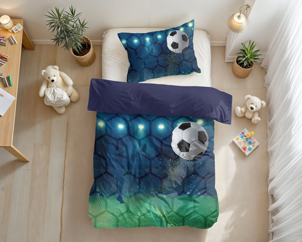 Dekbedovertrek microvezel voetbal blauw groen 140 x 200/220 cm, met kussensloop 60 x 70 cm