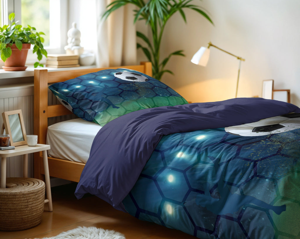 Dekbedovertrek microvezel voetbal blauw groen 140 x 200/220 cm, met kussensloop 60 x 70 cm