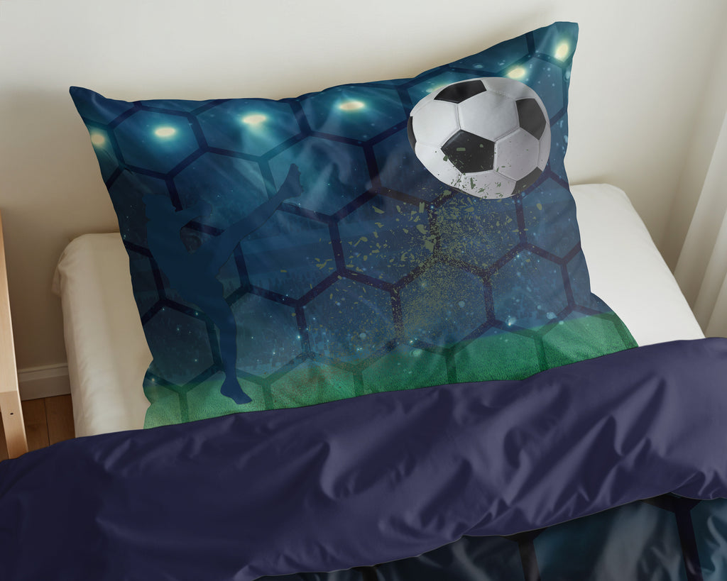 Dekbedovertrek microvezel voetbal blauw groen 140 x 200/220 cm, met kussensloop 60 x 70 cm