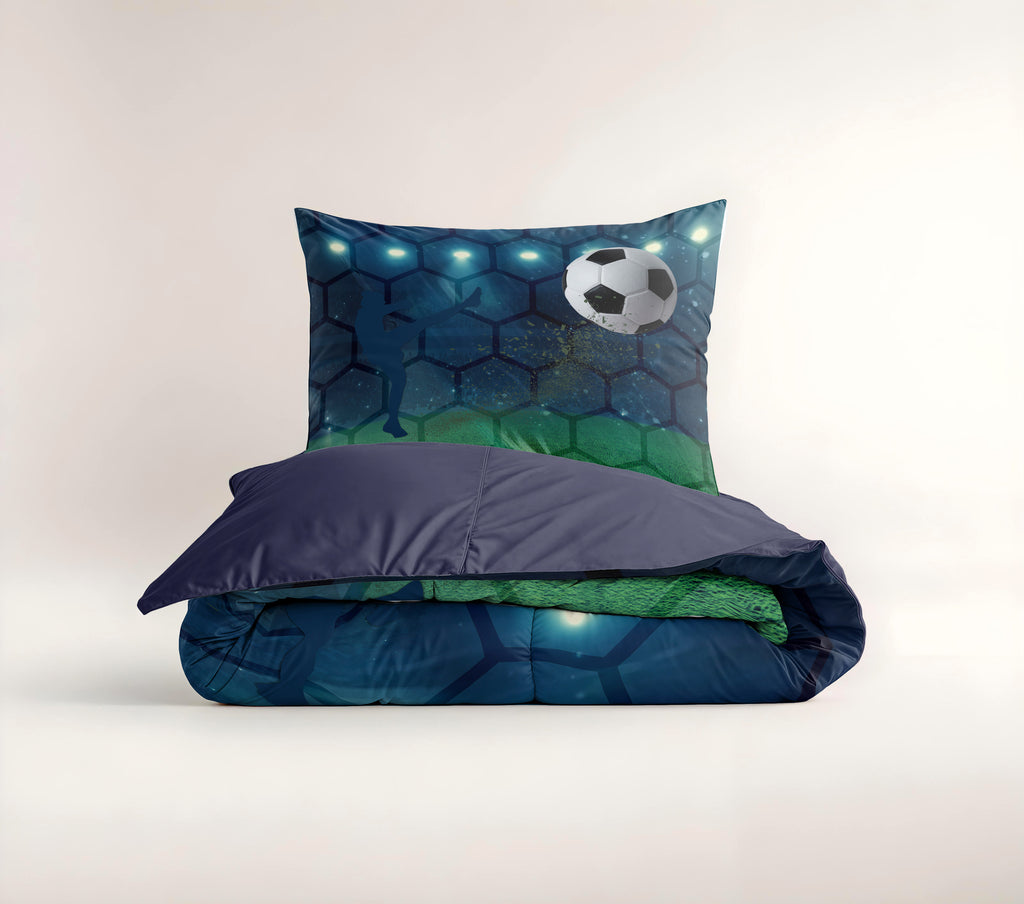 Dekbedovertrek microvezel voetbal blauw groen 140 x 200/220 cm, met kussensloop 60 x 70 cm