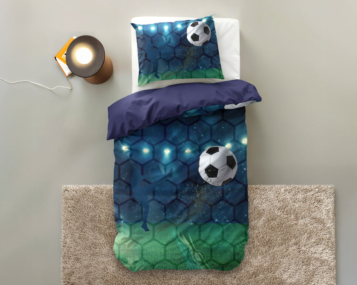 Dekbedovertrek microvezel voetbal blauw groen 140 x 200/220 cm, met kussensloop 60 x 70 cm