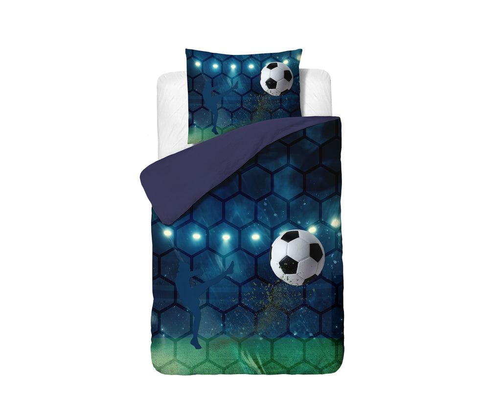 Dekbedovertrek microvezel voetbal blauw groen 140 x 200/220 cm, met kussensloop 60 x 70 cm