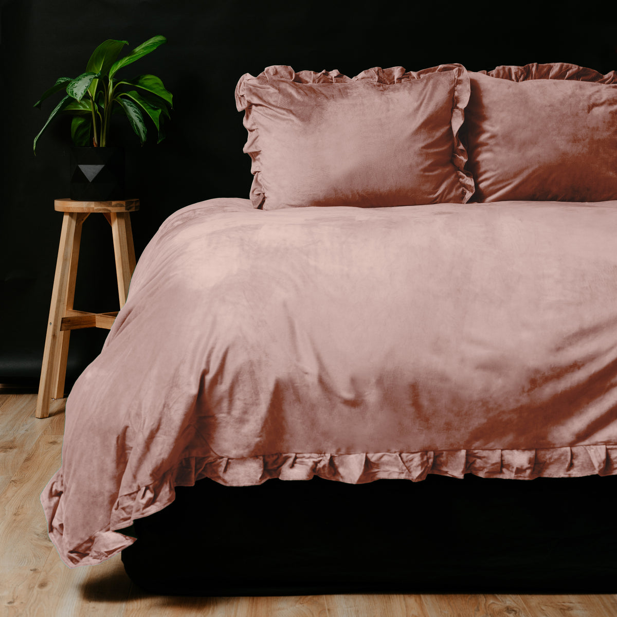 Dekbedovertrek fluweel polyester ruches oudroze 200 x 220 cm, met kussenslopen