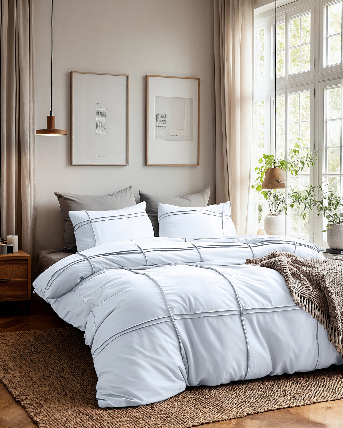 Wit getuft dekbedovertrek met bijpassende kussenslopen op een bed in een lichte slaapkamer