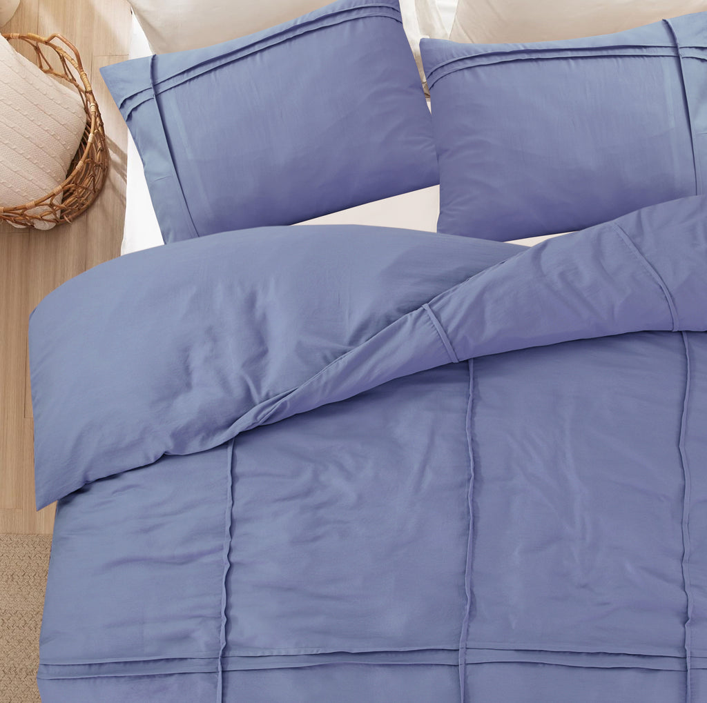Dekbedovertrek microvezel gewassen met plooidetails blauw 140 x 220 cm, met kussenslopen 60 x 70 cm