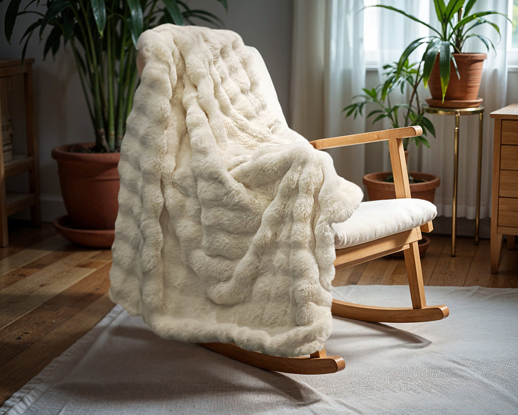 Plaid imitatie konijnenbont beige Pom, met micromink velvet onderzijde 150 x 200 cm