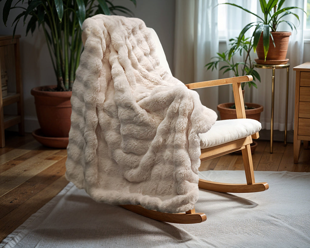 Plaid faux konijnenbont Pom zand 150 x 200 cm, voor op bed of bank