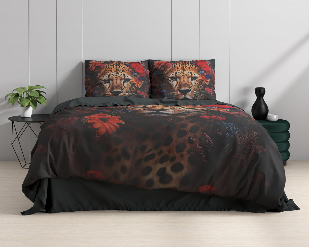 Dekbedovertrek katoensatijn Leopardo bloemenprint met cheetah, multicolor 140 x 220 cm, met 1 kussensloop 60 x 70 cm