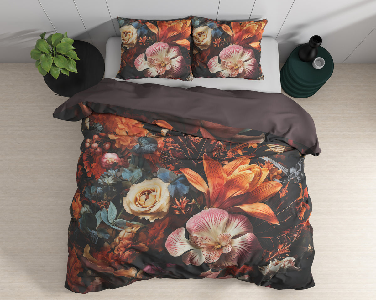Dekbedovertrek katoensatijn bloemenprint donker multicolor 200 x 220 cm, met 2 kussenslopen 60 x 70 cm