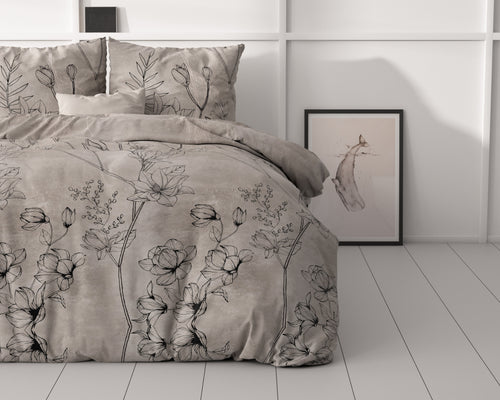 Dekbedovertrek microvezel Dora taupe met bloemenprint 140 x 220 cm, inclusief kussensloop 60 x 70 cm
