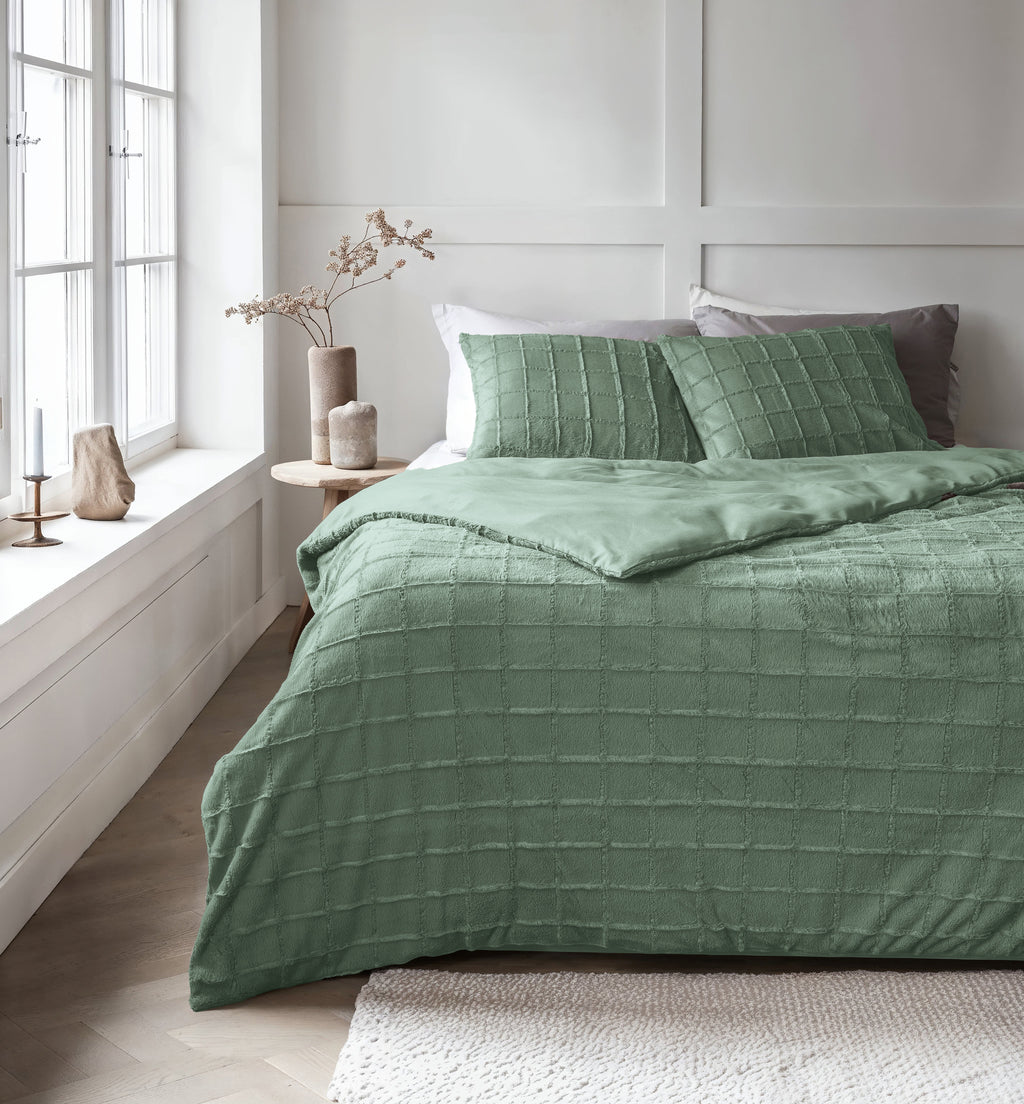 Dekbedovertrek teddy nepbont geruit groen 240 x 200/220 cm, met kussenslopen