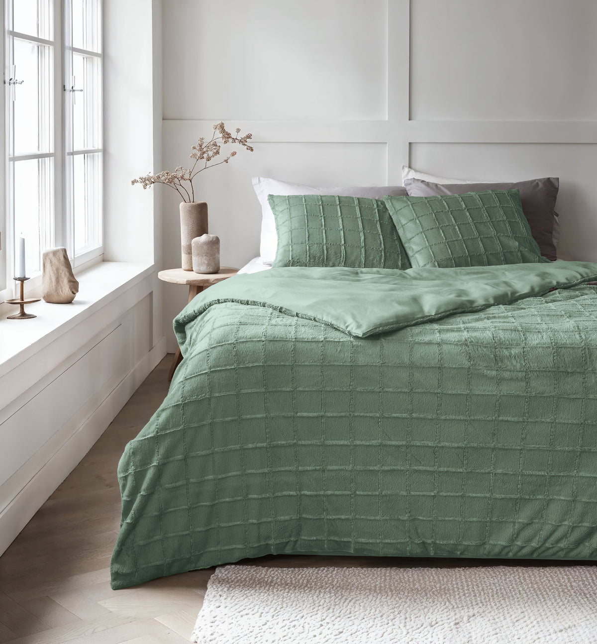 Dekbedovertrek teddy nepbont geruit groen 240 x 200/220 cm, met kussenslopen