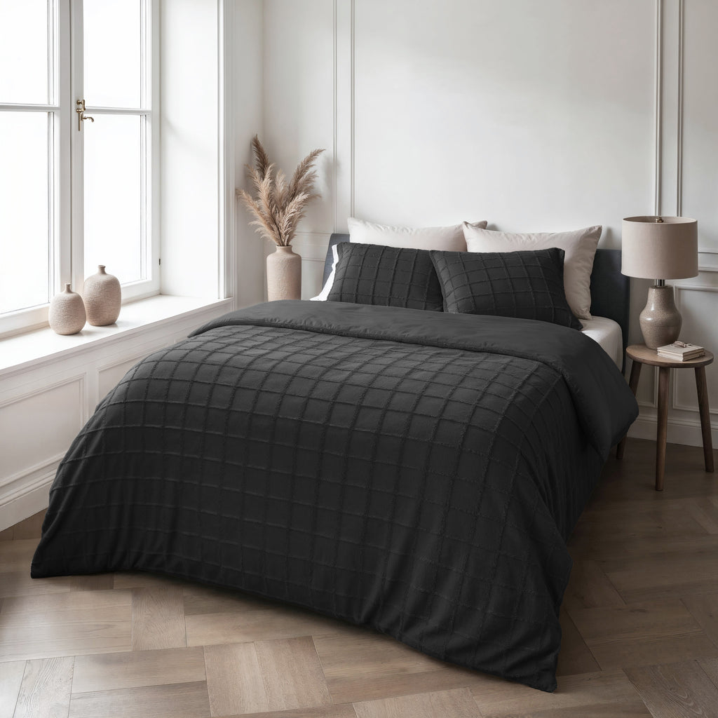 Dekbedovertrek teddy imitatiebont geruit zwart 240 x 200/220 cm, met kussenslopen voor de slaapkamer