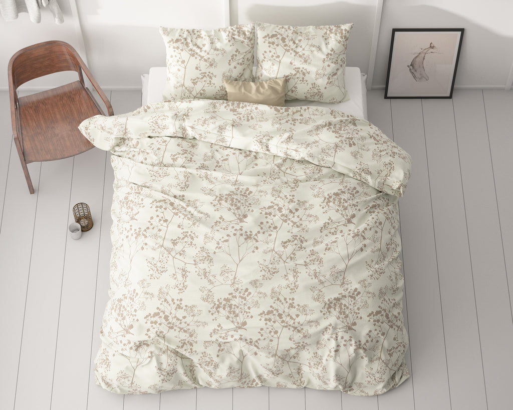 Dekbedovertrek microvezel Firdo bloemenprint crème en taupe 200 x 220 cm, met 2 kussenslopen